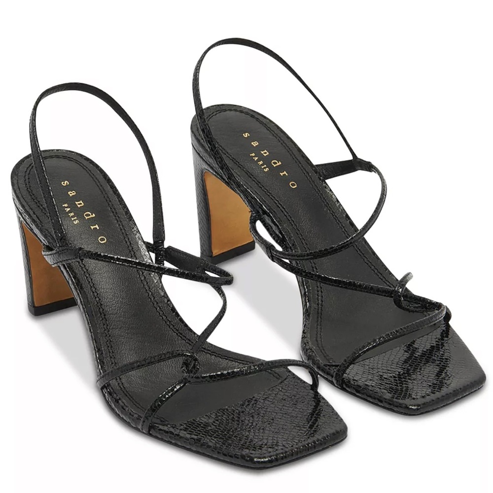 NIB NEW Sandro Faye Argent Snakeskin Embossed Leather Strappy Sandals